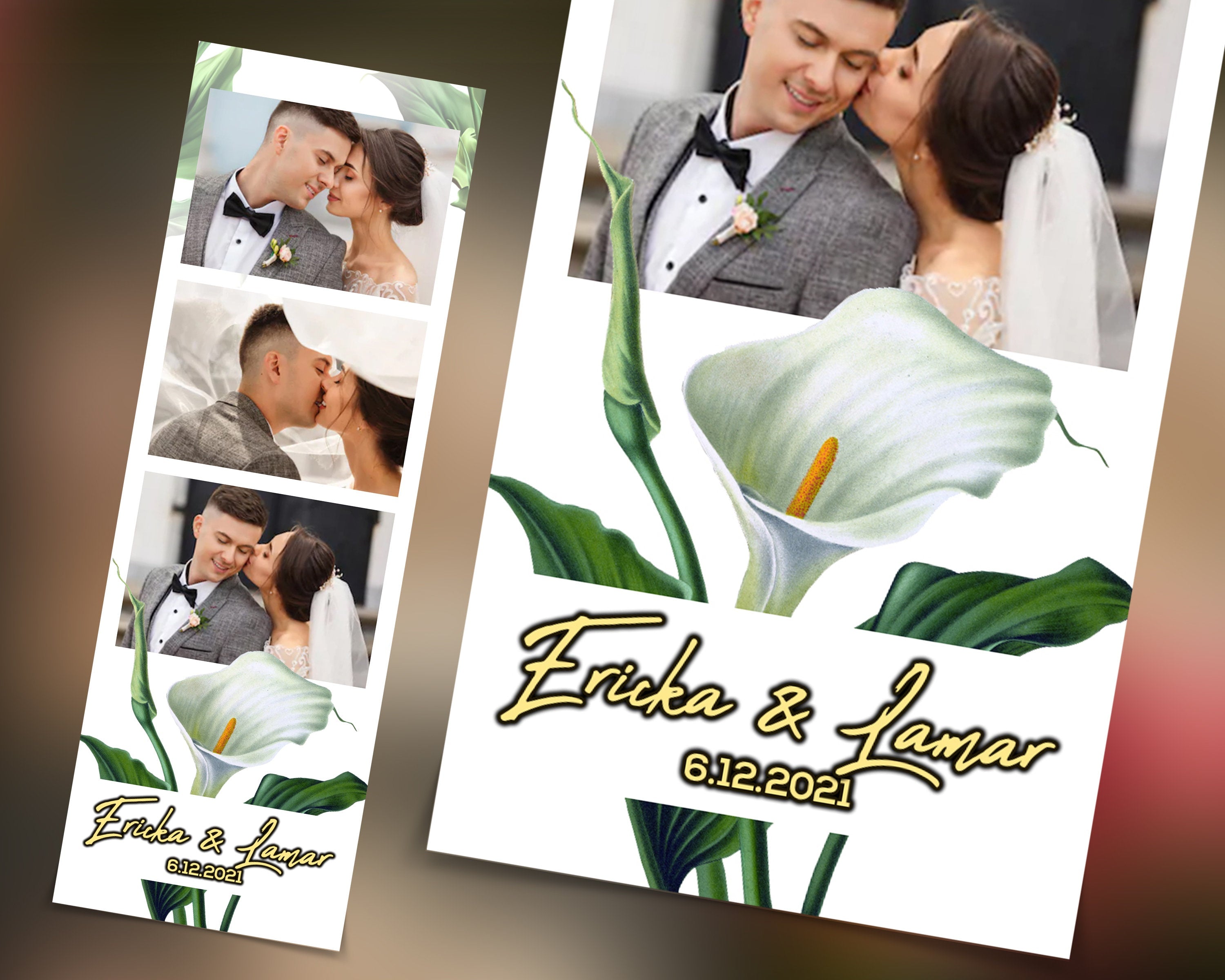Wedding Calla Lilies Flowers Photo Booth Template Floral Bridal Shower, Anniversary Photo Booth Template 2x6 photo strip with fonts