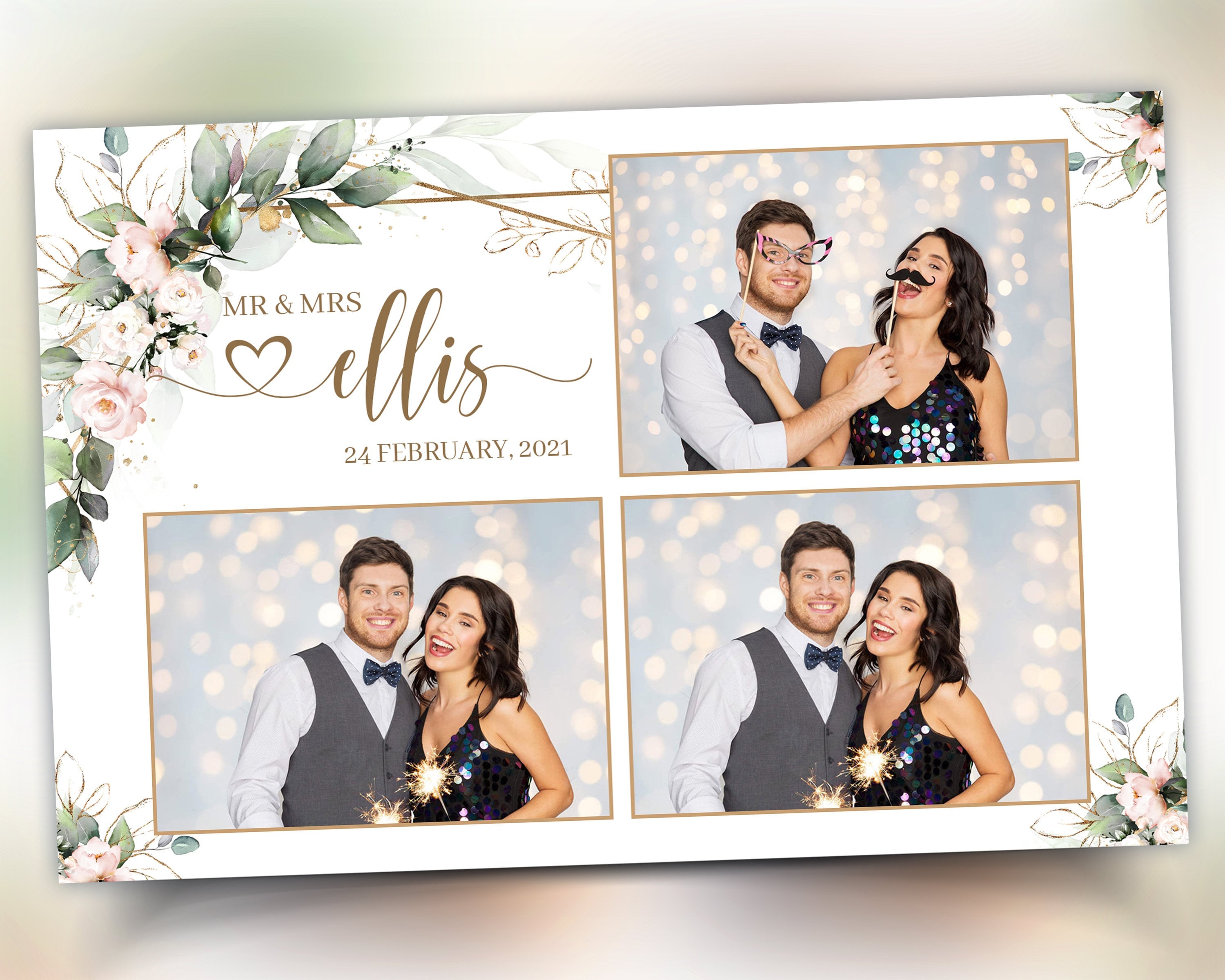 Wedding Photobooth template 4x6 with Floral blush flowers and greenery postcard photo booth template