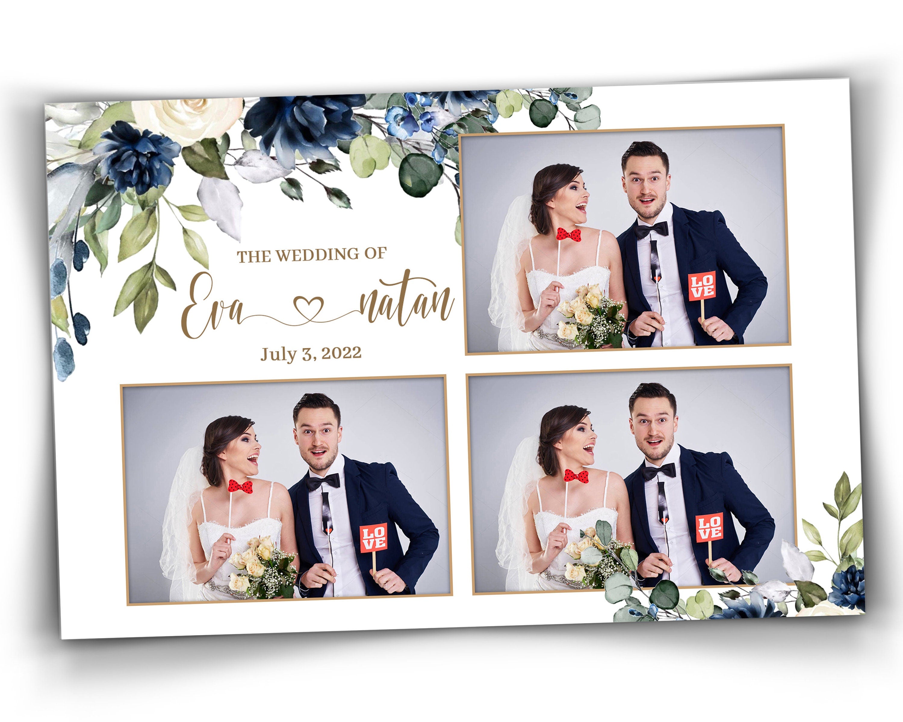 Wedding Bridal Shower Photobooth template 4x6 inch 3 photo with Floral blush Blue flowers rose and greenery photo booth template