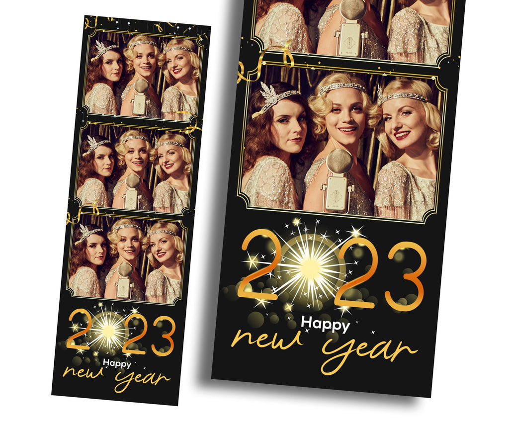 New Year 2023 photo booth template in black and gold 2x6 stripe