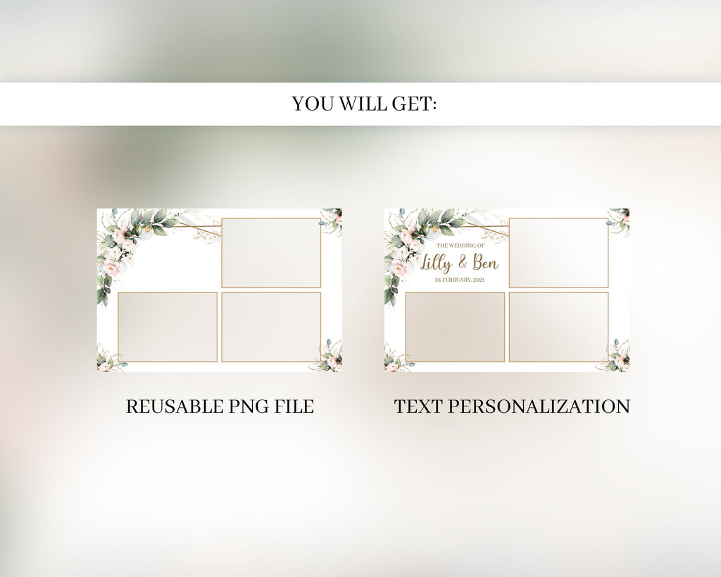 Wedding bridal shower photobooth template floral greenery blush pink 4x6 postcard layout photo booth template